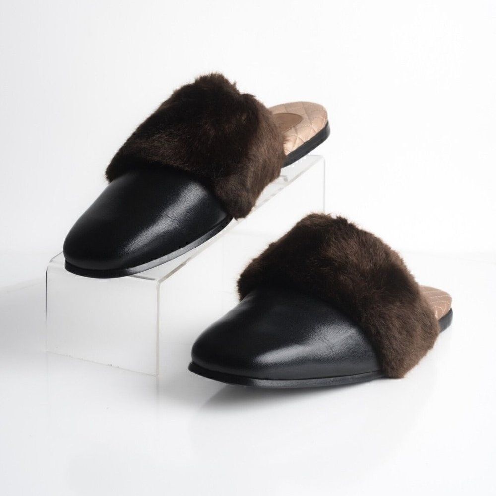 Gucci Mens Black Leather Mules Slippers Faux Fur Quilted Limed ed US 8.5 New